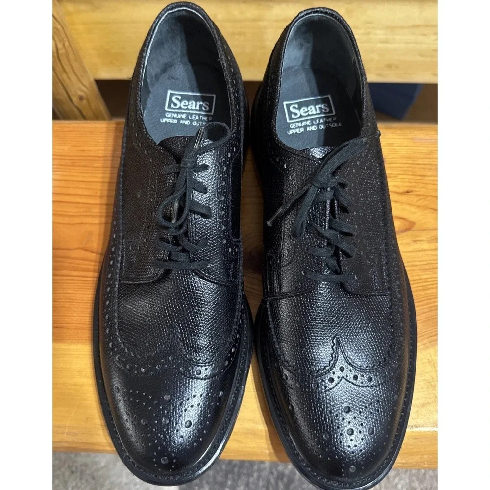 Sears Vintage Dress‎ Shoes Men's 9.5 D Wingtip Oxfords Leather Black Brogue